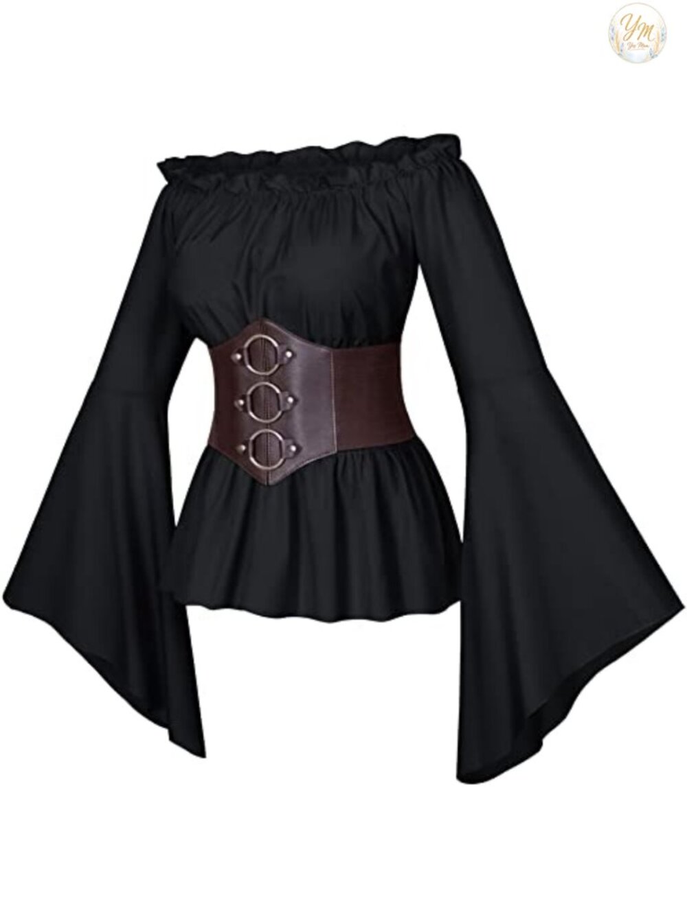 Womens Renaissance Victorian Peasant Blouse Faux Leather Corset Belt Set
